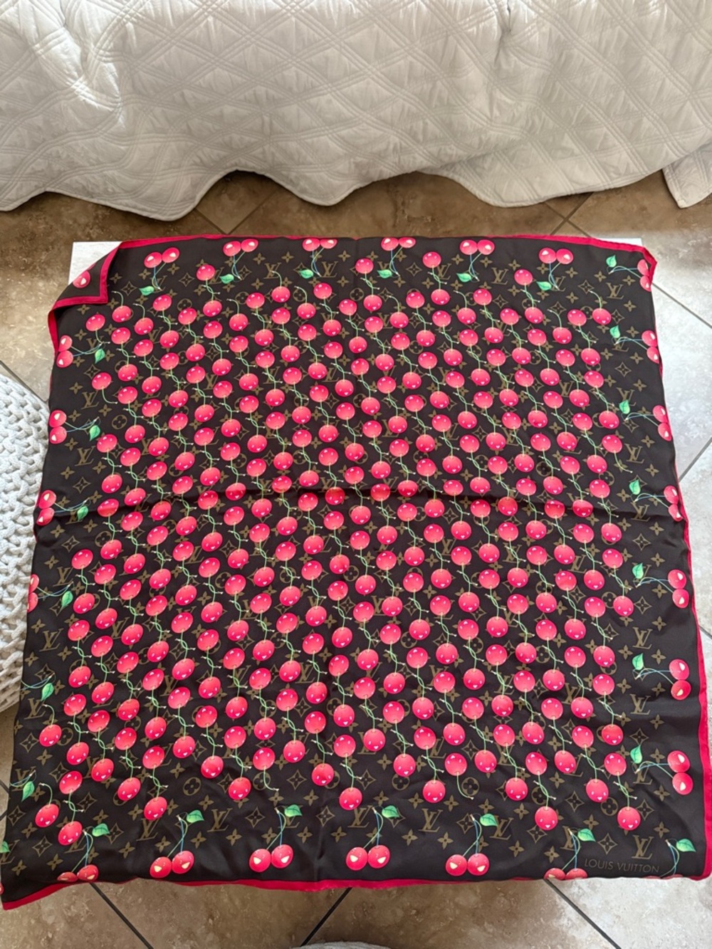 Louis Vuitton / Louis Vuitton Murakami Cherry Square 90 Brown Silk Scarf Vintage